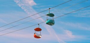 Zwei bunte Seilbahnkabinen, eine rot und eine türkis mit der Nummer 23, hängen an Kabeln vor einem klaren blauen Himmel mit einigen dünnen Wolken.
