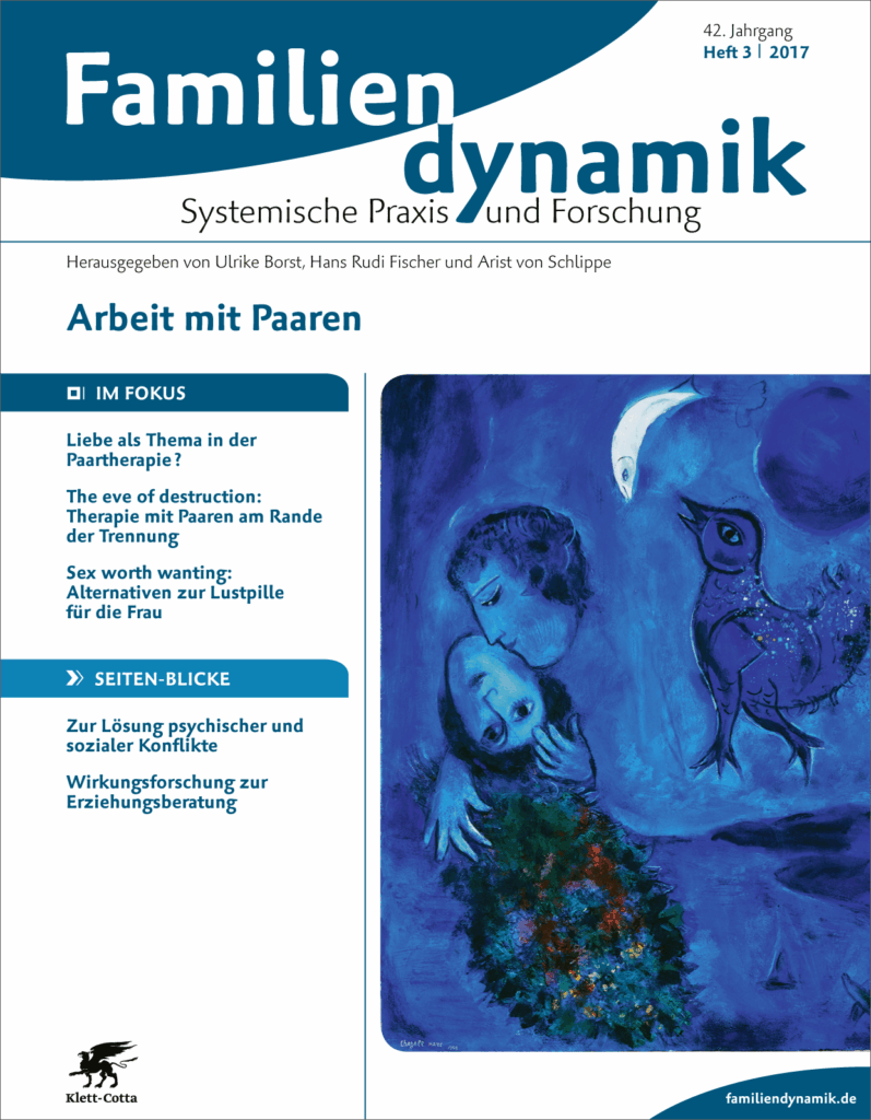 Cover der Zeitschrift Familiendynamik mit dem Titel ‚Arbeit mit Paaren‘. Zu sehen ist eine blau getönte Illustration von zwei sich umarmenden Personen und einem darüber fliegenden Vogel. Auf dem Cover stehen Themen wie Liebe in der Paartherapie, Trennung, sexuelle Gesundheit und psychische sowie soziale Konfliktlösungen