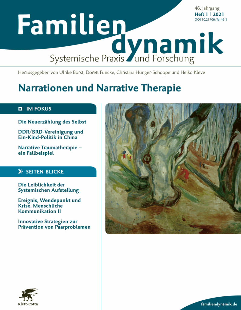 Cover der Zeitschrift Familiendynamik – Systemische Praxis und Forschung, Ausgabe 1/2021. Themenschwerpunkt: ‚Narrationen und Narrative Therapie‘. Aufgeführt sind Beiträge zur Neuerzählung des Selbst, zur DDR/BRD-Vereinigung, zur Ein-Kind-Politik in China, zur narrativen Traumatherapie sowie zu systemischer Aufstellung und Prävention von Paarproblemen. Herausgegeben von Ulrike Borst, Dorett Funcke, Christina Hunger-Schoppe und Heiko Kleve.