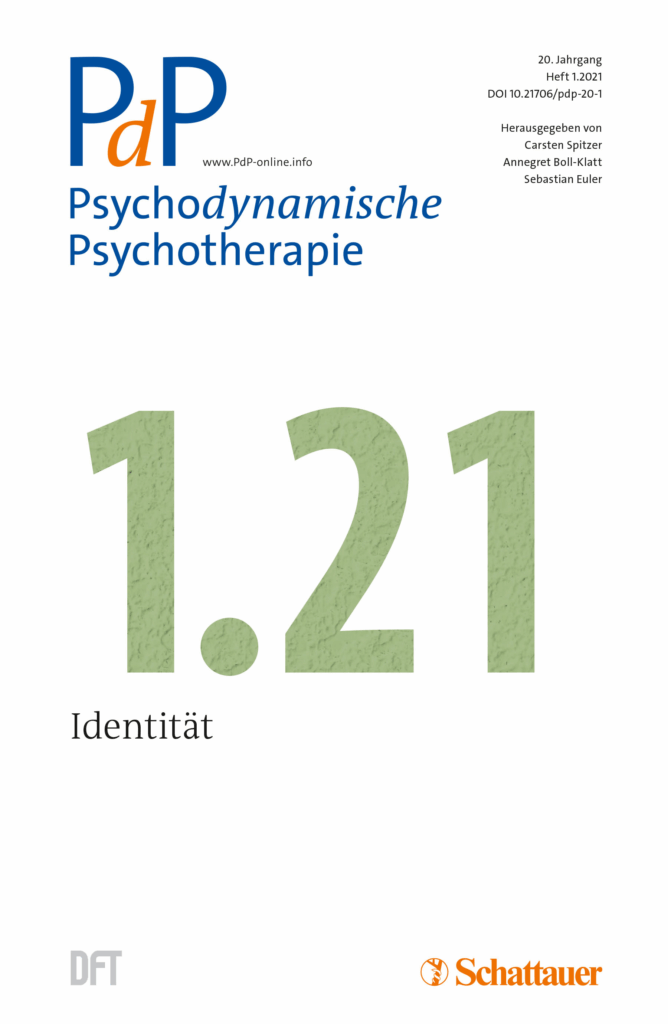 Cover der Fachzeitschrift Psychodynamische Psychotherapie, Ausgabe 1.21 (Band 20, Jahr 2021), mit dem Themenschwerpunkt ‚Identität‘. Herausgegeben von Carsten Spitzer, Annegret Boll-Klatt und Sebastian Euler. Unten befinden sich die Logos von DFT und Schattauer.