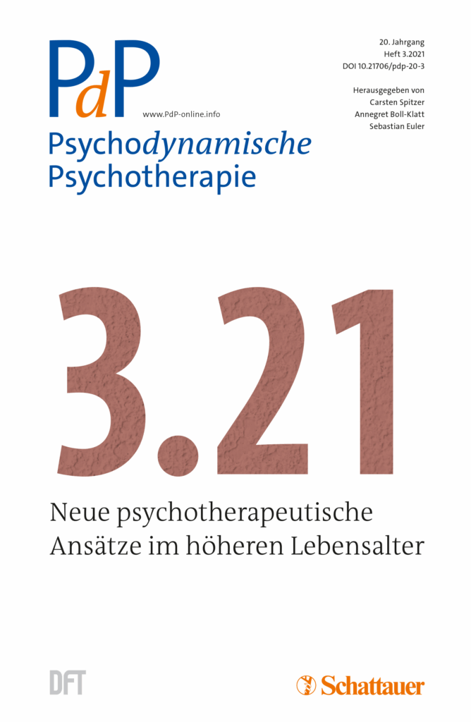 Cover der Fachzeitschrift Psychodynamische Psychotherapie, Ausgabe 3.21. Der Titel lautet ‚Neue psychotherapeutische Ansätze im höheren Lebensalter‘. Zu sehen sind Logos von DFT und Schattauer sowie redaktionelle Angaben und die Webadresse www.PdP-online.info.