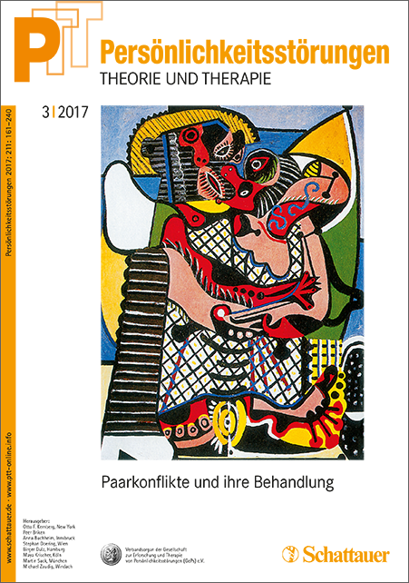 Cover der Zeitschrift Persönlichkeitsstörungen – Theorie und Therapie, Ausgabe 3|2017. Es zeigt ein abstraktes, farbenfrohes Kunstwerk mit zwei ineinander verschlungenen Figuren. Der Titel lautet ‚Paarkonflikte und ihre Behandlung‘, der Verlag ‚Schattauer‘ ist unten rechts angegeben.