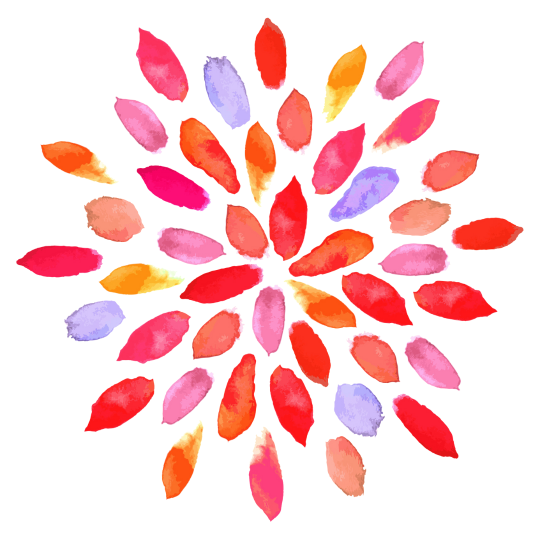 Aquarell-Illustration aus bunten, blütenblattartigen Formen, die kreisförmig angeordnet eine abstrahierte Blume ergeben.