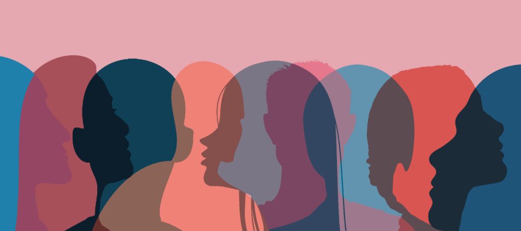 Illustration mit überlappenden, farbigen Silhouetten mehrerer menschlicher Profile, die Vielfalt und unterschiedliche Perspektiven symbolisieren.