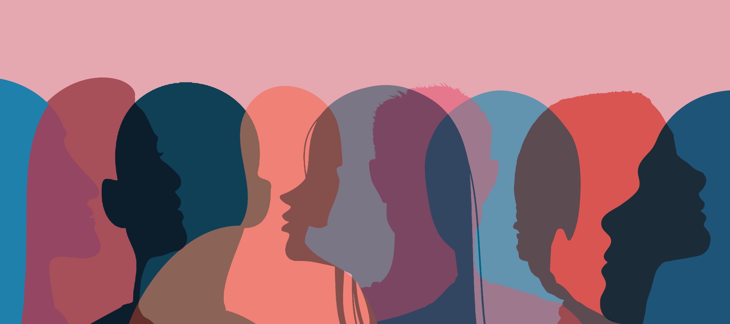 Illustration mit überlappenden, farbigen Silhouetten mehrerer menschlicher Profile, die Vielfalt und unterschiedliche Perspektiven symbolisieren.