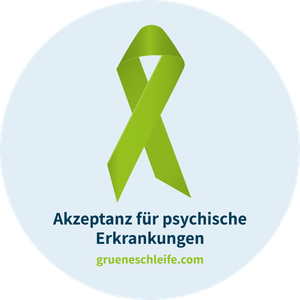 Das Logo des Aktionsbündnis Seelische Gesundheit mit Grüner Schleife und Aufschrift „Akzeptanz für psychische Erkrankungen“