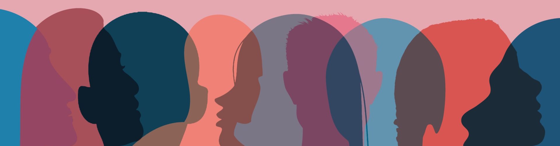 Illustration mit überlappenden, farbigen Silhouetten mehrerer menschlicher Profile, die Vielfalt und unterschiedliche Perspektiven symbolisieren.